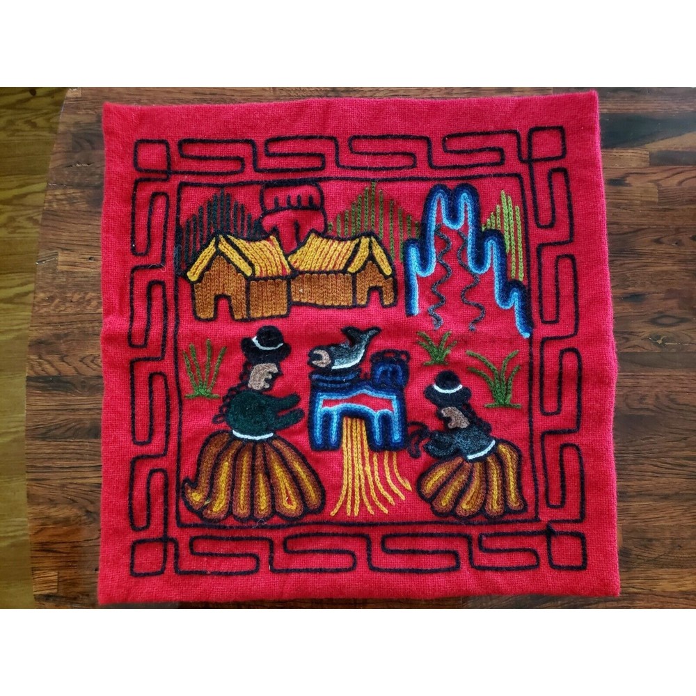 Vintage Native Hand Stitched Pillow Cover Red Fish Huts People Handmade Square